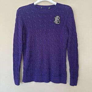 Lauren Ralph Lauren Purple Cable Knit Sweater Women L Bullion Patch Crew Neck